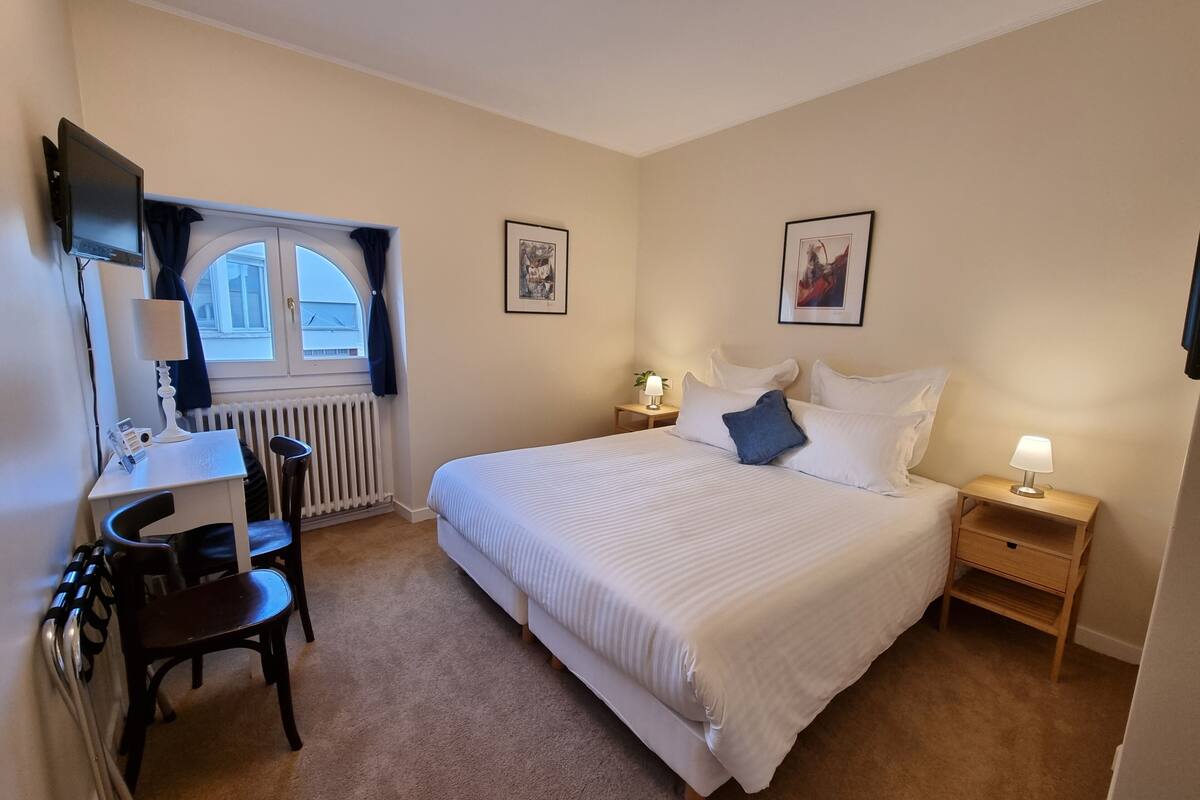A hotel room with a bed, a desk, a chair, a TV, and two bedside tables.