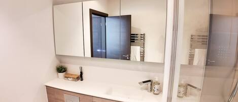 Un baño moderno con un espejo grande, un tocador blanco, cabina de ducha y una planta pequeña en el tocador.
