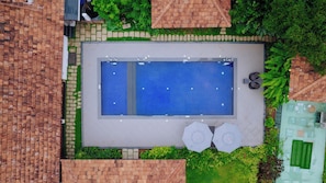 An aerial view of a rectangular swimming pool with two umbrellas, surrounded by greenery and a brick wall.