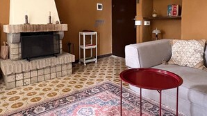 A living room with a fireplace, a patterned rug, a red chair, and a sofa.