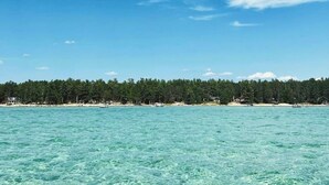 A clear view of turquoise water, a forested shoreline, and a partly cloudy sky. - Golf • Fish • Hike • Located between Higgins & Houghton Lake (Roscommon)