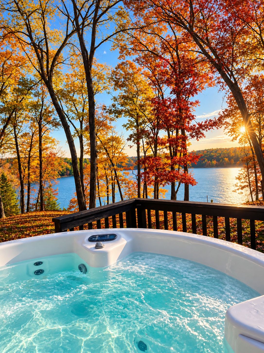 Un bain à remous avec vue sur un lac et les arbres aux couleurs automnales.