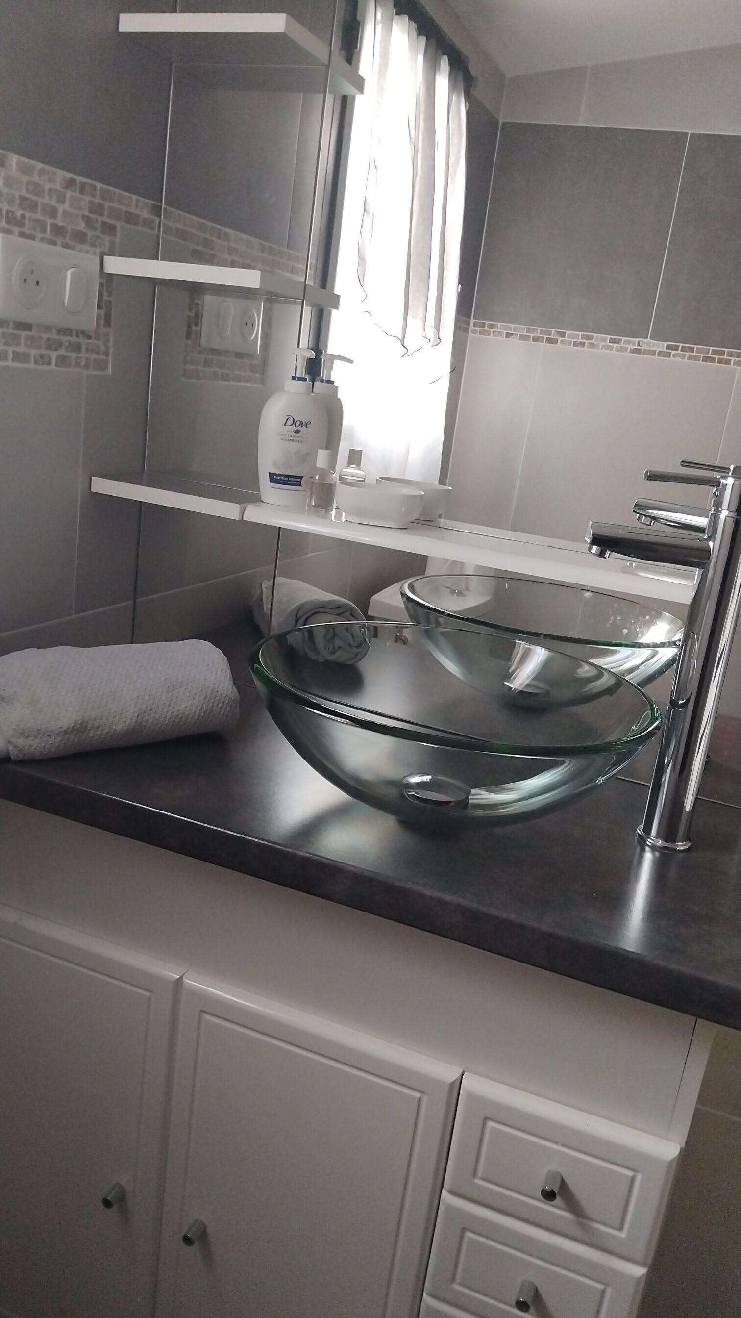 Hair dryer, towels, soap, toilet paper