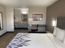 Una habitación de hotel con cama, escritorio, silla, lavabo y espejo.