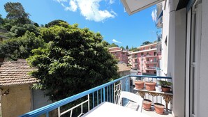 A balcony with a blue railing, potted plants, and a view of a residential area with buildings and trees. - Real Modern Rapallo Retreat (Rapallo)