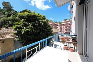 A balcony with a blue railing, potted plants, and a view of a residential area with buildings and trees.