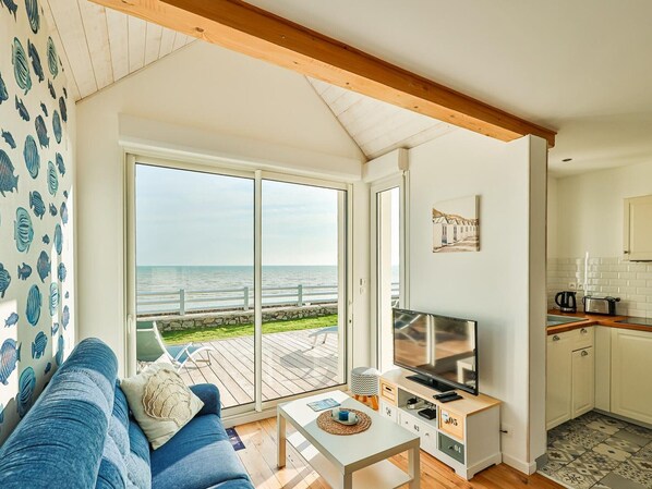 A room with a large sliding glass door to a deck, a television, a sofa, and a kitchen area.