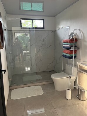 Et moderne badeværelse med en glasbrusekabine, toilet, vask med spejl og et håndklædestativ med pænt foldede håndklæder.