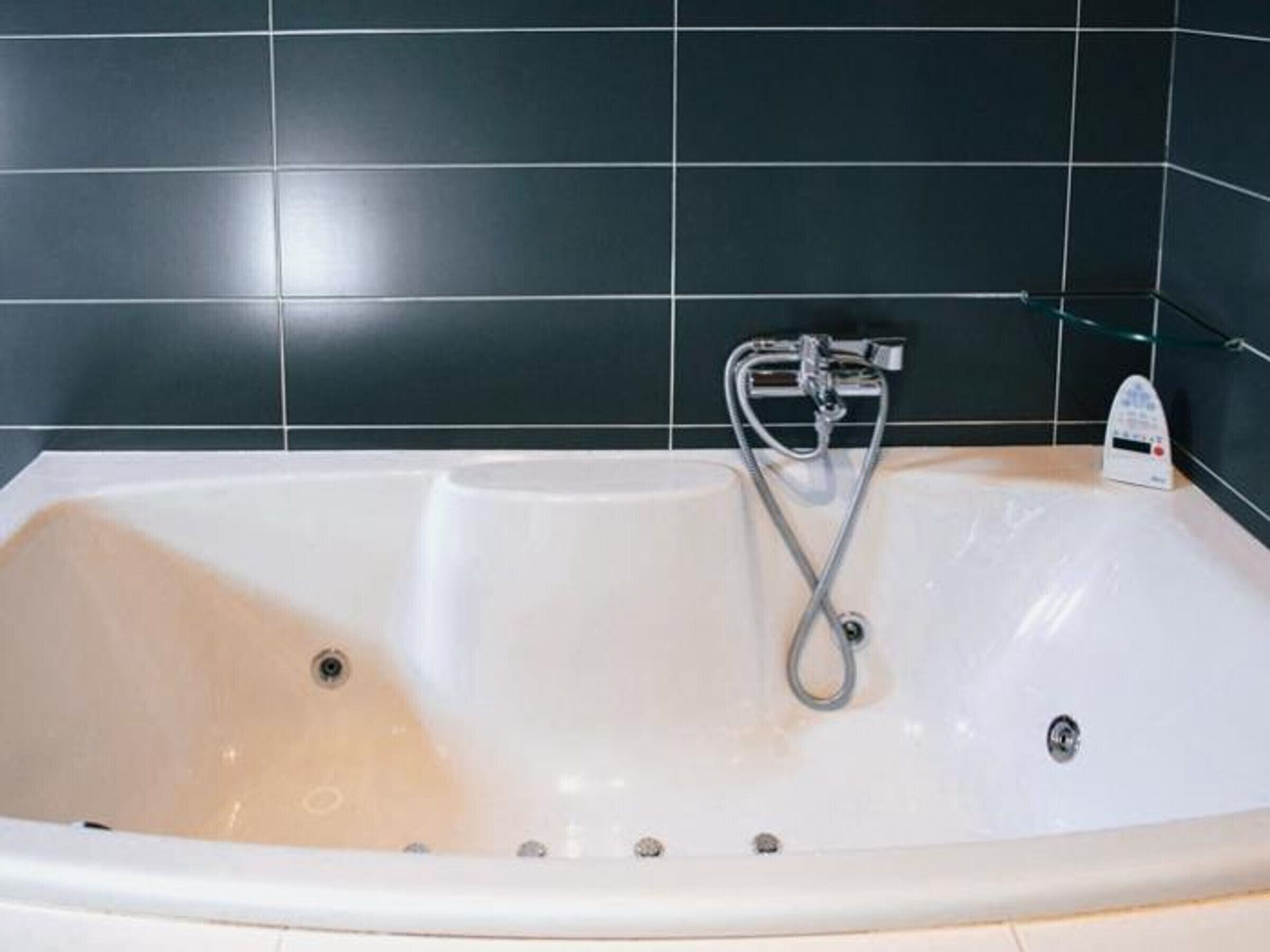 Eine Badewanne mit Handbrause, Bedienfeld und Ablass.