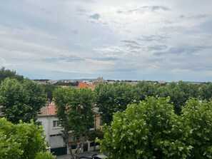 Ein Wohngebiet mit Bäumen, ein weißes Gebäude mit rotem Dach und eine entfernte, schlossartige Struktur.