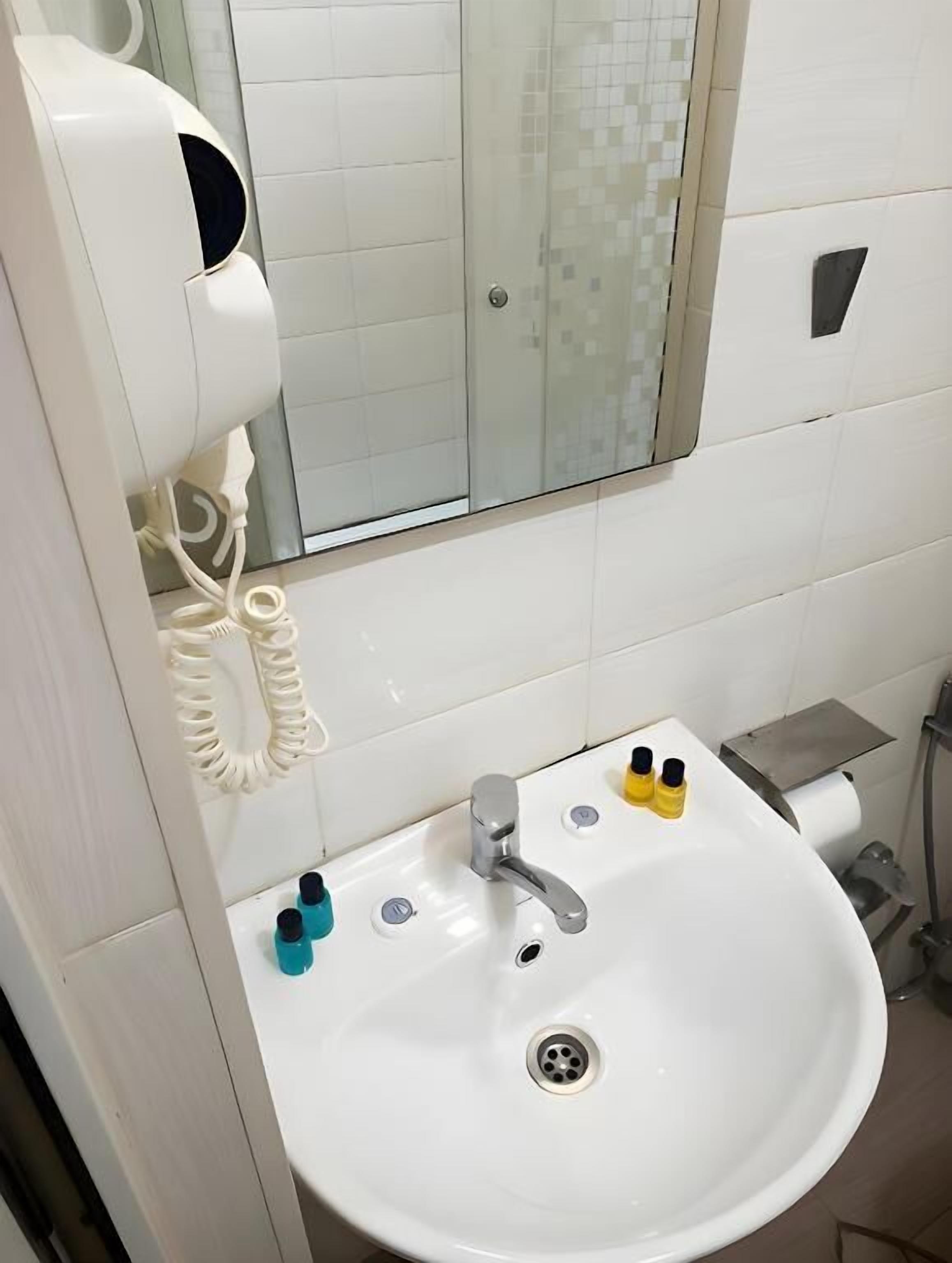 A bathroom with a white sink, a mirror, a hairdryer, and a toilet paper holder.
