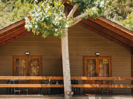A wooden cabin with a porch, two doors, and a bench.. Charming wooden bungalows in the Pyrenees, pets allowed