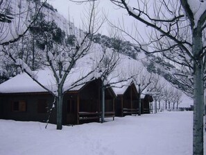 Filas de cabañas de madera con tejados nevados y árboles desnudos en un paisaje invernal.