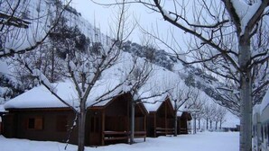 A row of wooden cabins with snow-covered roofs, surrounded by bare trees and a snowy landscape. - Wooden Bungalows near Sort - Pets Welcome (Montardit de Dalt)
