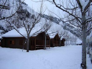 A row of wooden cabins with snow-covered roofs, surrounded by bare trees and a snowy landscape.
