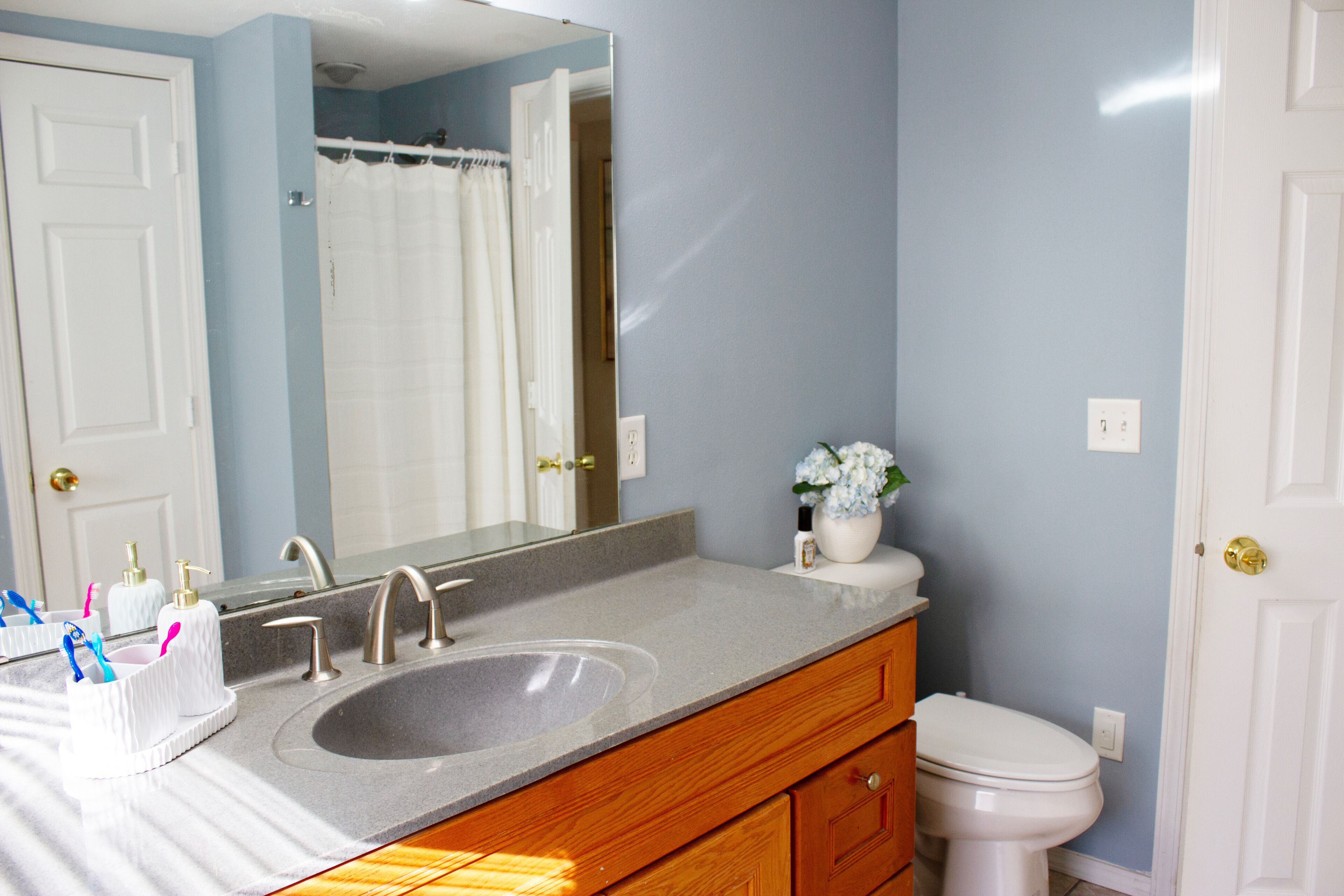 Une salle de bain équipée d’un lavabo, d’un miroir, de toilettes et d’un rideau de douche.