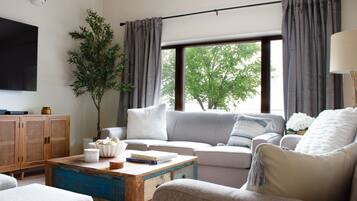 Smart TV, caminetto, lettore DVD, libri