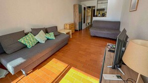 Un salon avec un canapé, un téléviseur, une lampe et un ordinateur portable posé sur une table.
