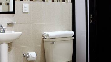 Shower, towels, soap, toilet paper