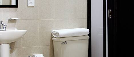 Shower, towels, soap, toilet paper