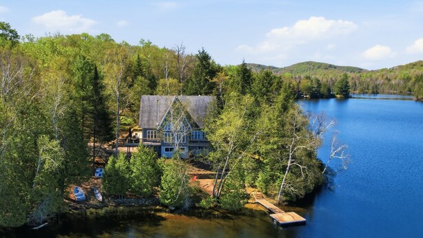 A lakeside cabin with a dock, surrounded by dense forest and hills.