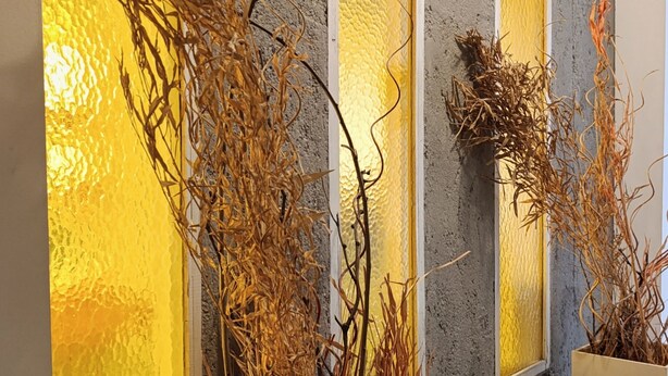 A hallway with frosted glass doors, a sign indicating an emergency exit, and decorative dried plants in planters.