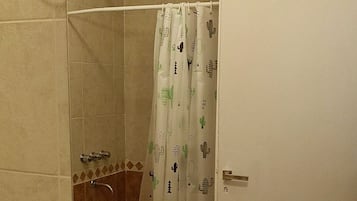 Driepersoonskamer | Badkamer | Een douche, een haardroger, handdoeken, zeep