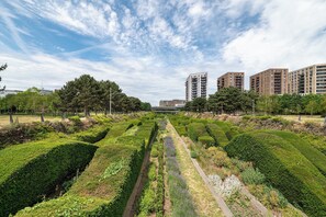 Ein angelegter Garten mit ordentlich geschnittenen Hecken und einem Weg.
