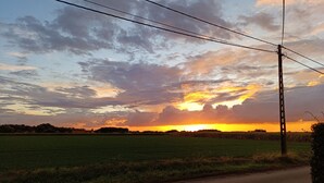 Un paysage rural avec une route, des champs et un coucher de soleil.