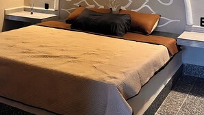Una camera da letto con un letto, una ventola a soffitto, un condizionatore d'aria e un pannello decorativo a parete.