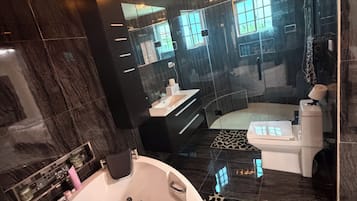 Secador de cabelo, toalhas de banho, sabonete, papel higiênico