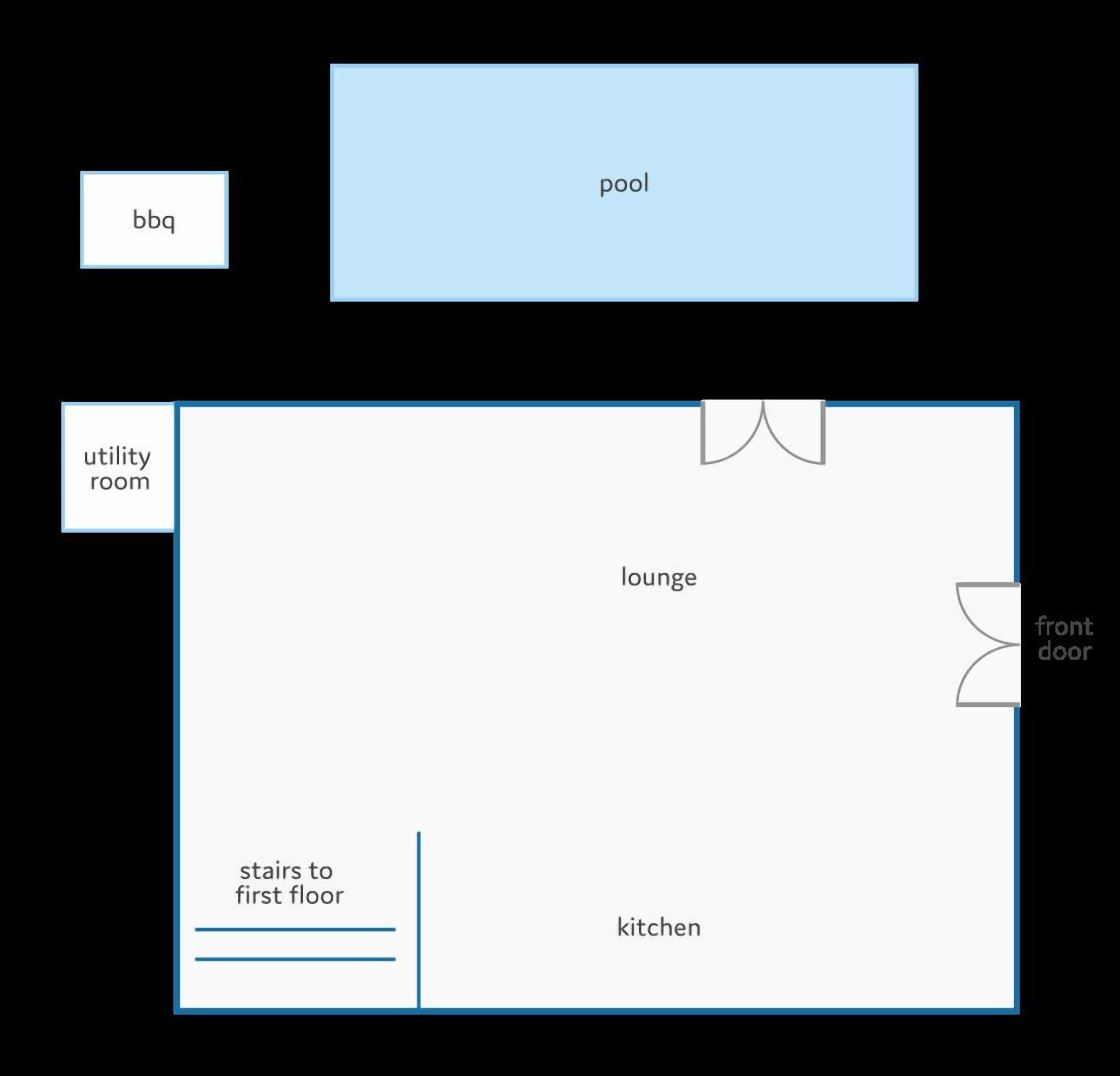 A floor plan with a pool, lounge, kitchen, and utility room.