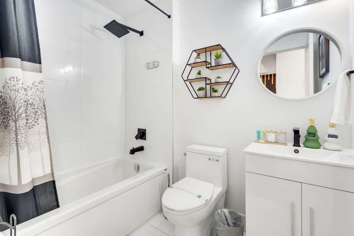 Shower, hair dryer, shampoo