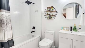 Shower, hair dryer, shampoo