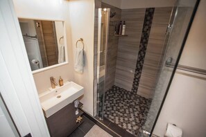 Une salle de bain avec une douche à parois de verre, un lavabo avec un miroir et un porte-serviettes.