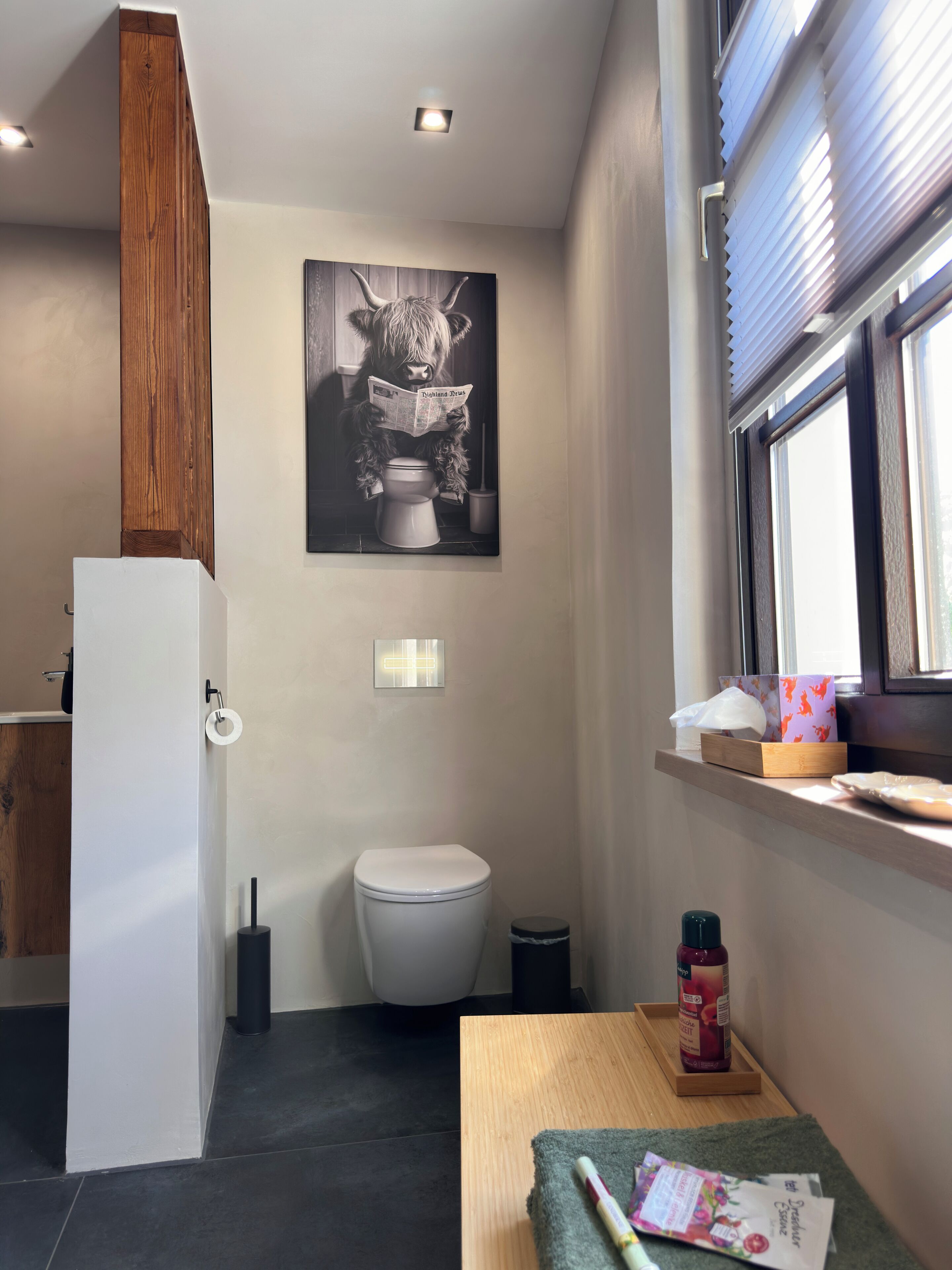 Une salle de bain moderne équipée de toilettes, d’un meuble en bois, d’un lavabo et d’une fenêtre avec des stores.
