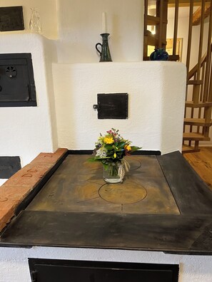Eine Küche mit einem schwarzen Herd, einer Vase mit Blumen und einem schwarzen Stromverteiler an der Wand.