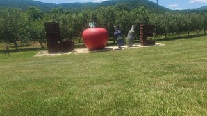 Ein grasbewachsenes Feld mit einer großen, roten Skulptur, einer Holzkonstruktion und einer Baumreihe im Hintergrund.