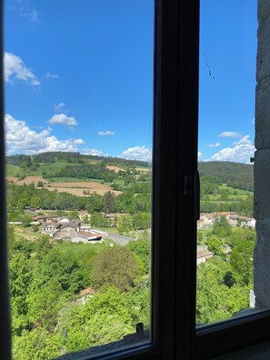Une vue Ă travers une fenĂȘtre sur un paysage rural, avec des champs, des arbres et quelques bĂątiments.