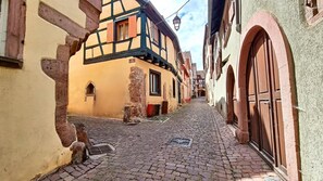 Una estrecha calle adoquinada flanqueada por edificios tradicionales con entramado de madera, con ventanas y puertas visibles.