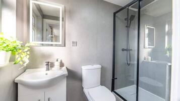 Shower, hair dryer, shampoo