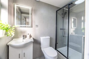 A modern bathroom with a glass-enclosed shower, a white sink, and a toilet.