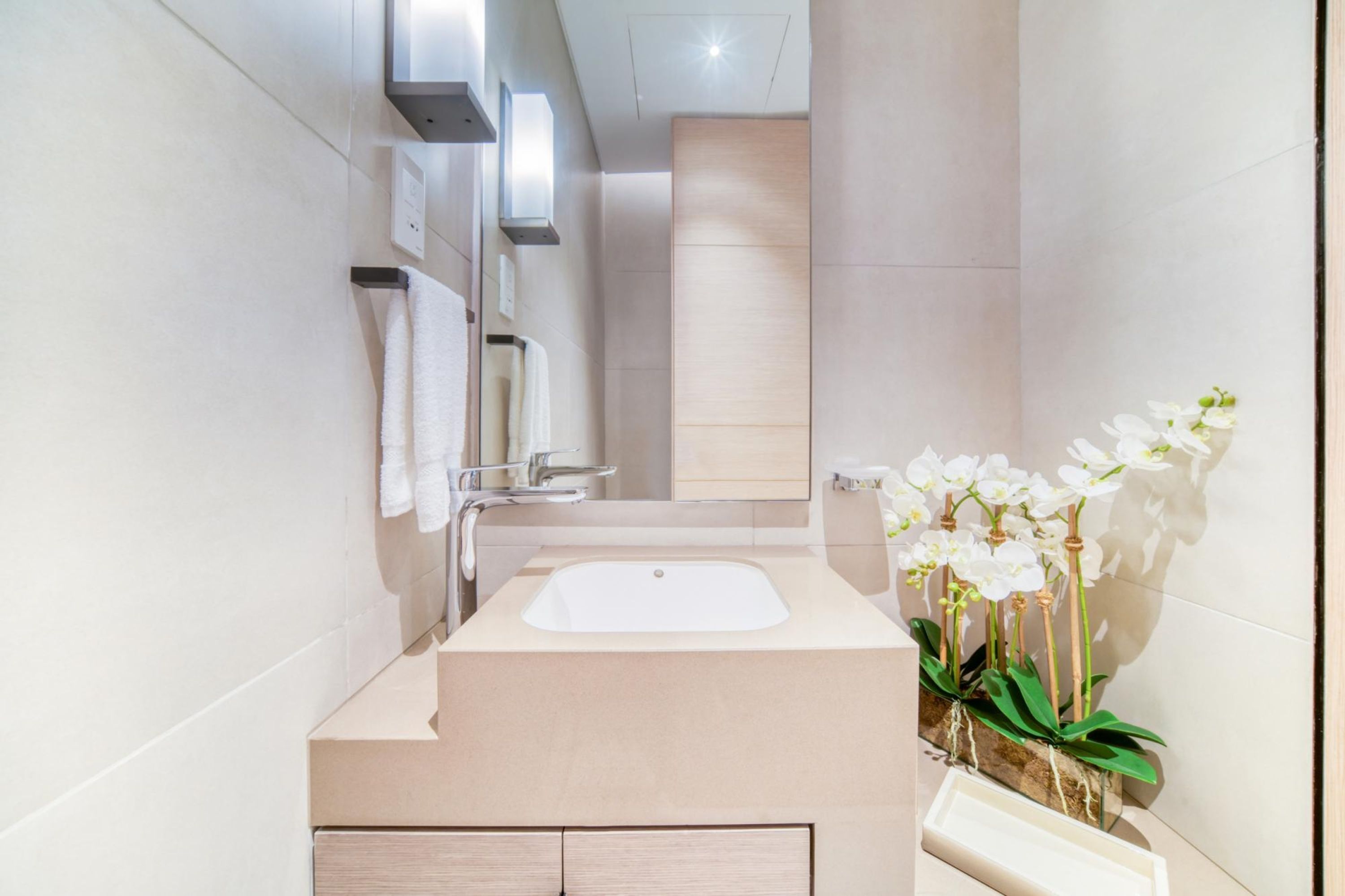 A modern bathroom with a large sink, a mirror, and a plant with white flowers.