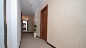 A hallway with a wooden door, a potted plant, and a light-colored carpet. - Dom Wczasowy Isabelle (Darłowo)
