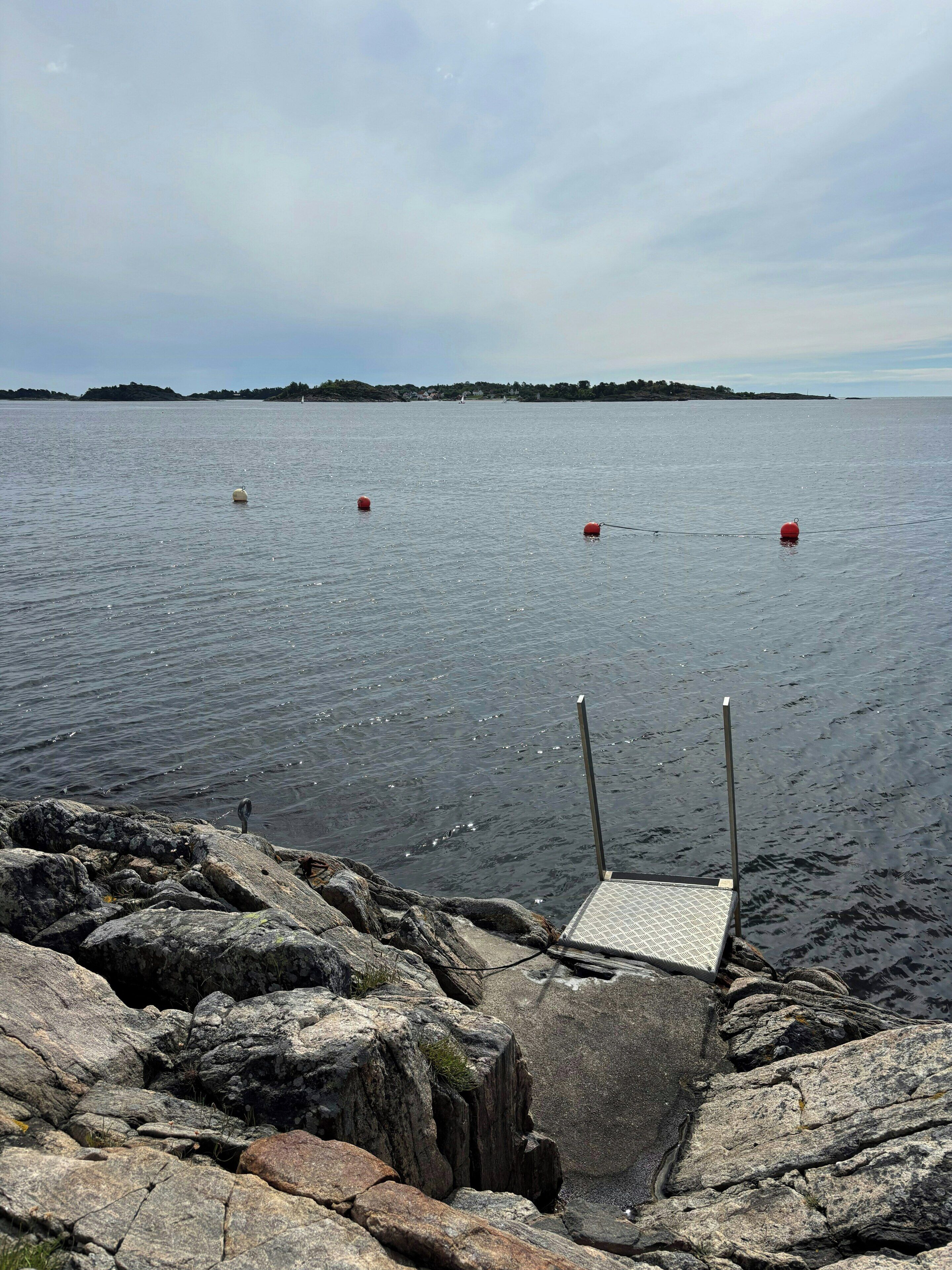 A rocky shoreline with a metal dock extending into calm water, surrounded by a natural landscape.