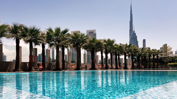Ein Pool mit Palmen und einer Stadtlandschaft im Hintergrund.