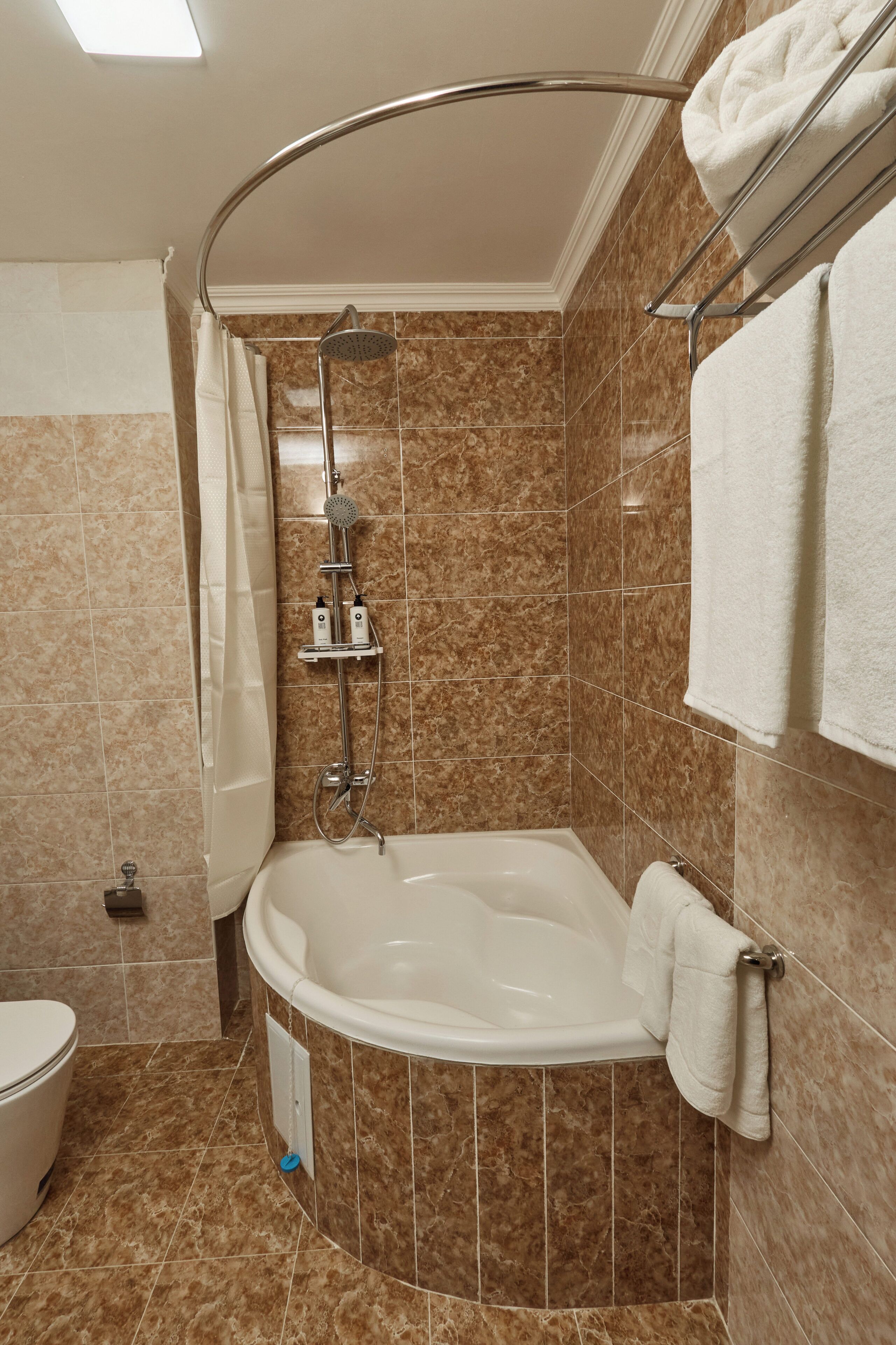 A bathroom with a shower, a bathtub, and a toilet.