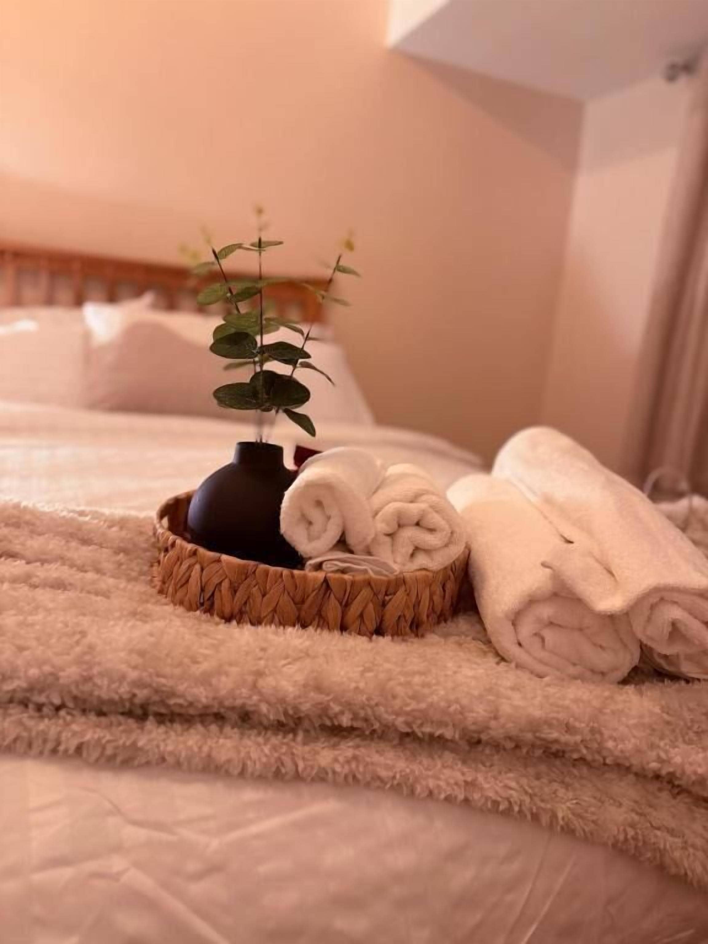A bed with a rolled towel and a small potted plant on a fluffy blanket.