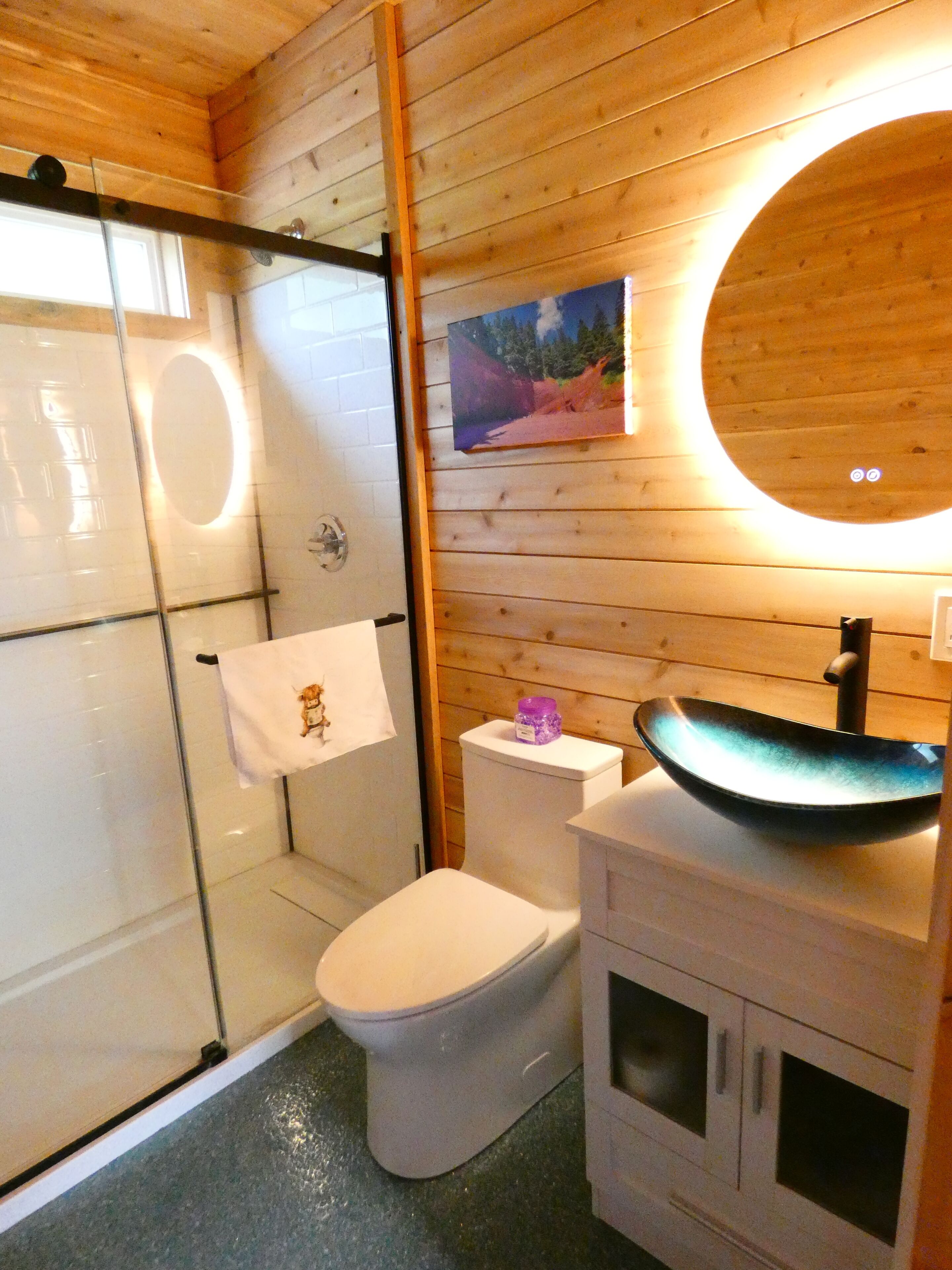 Douche, serviettes fournies, papier toilette