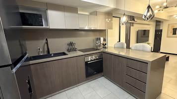 Business appartement, 1 queensize bed, uitzicht op de stad | Privékeuken | Een koelkast met diepvriezer, een microgolfoven, een oven, een kookplaat